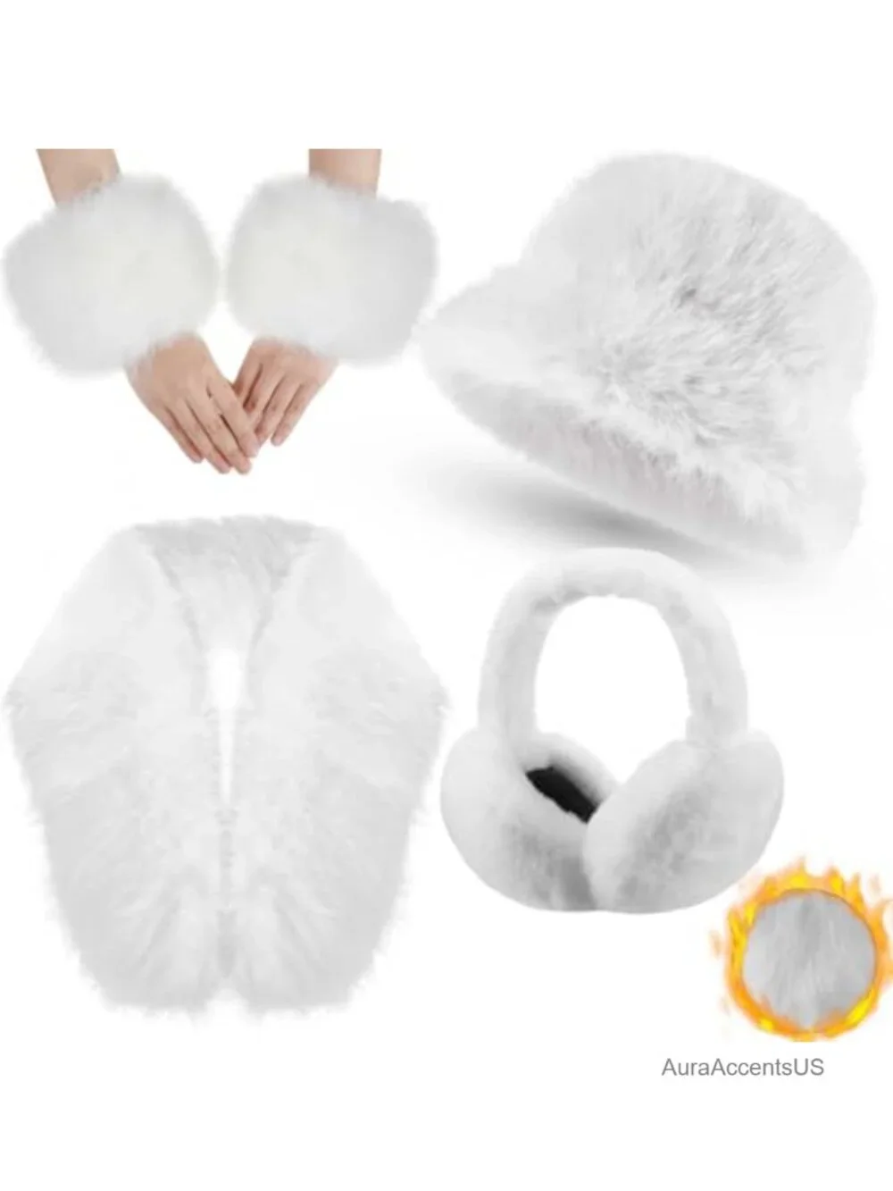 Warm Winter Faux Fur Accessories Set Scarf Hat Earmuffs Wrist Cuffs